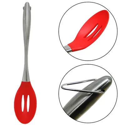 COLHER DE SILICONE VAZADA VERMELHO CABO DE INOX 32,5X6CM