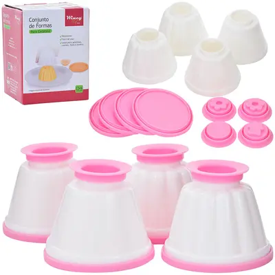 FORMA DE PLASTICO REDONDA PARA GELATINA / PUDIM COM TAMPA 4 PECAS