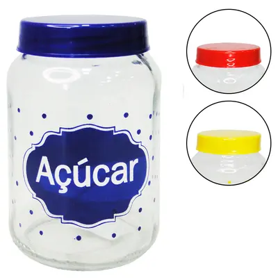POTE DE VIDRO REDONDO ACUCAR COM TAMPA DE PLASTICO COLORS 600ML