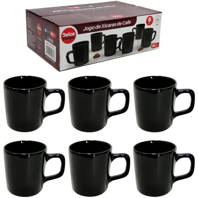 JOGO DE XICARA DE PORCELANA PARA CAFE PRETA COM 6 PECAS 80ML NA CAIXA