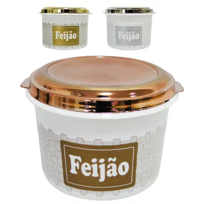 POTE DE PLASTICO REDONDO BRANCO FEIJAO COM TAMPA METALIZADO 1,4L