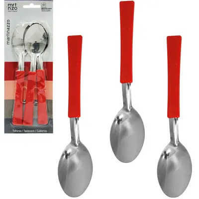 COLHER DE MESA DE INOX CABO PLASTICO VERMELHO UNA COM 3 PECAS 19CM