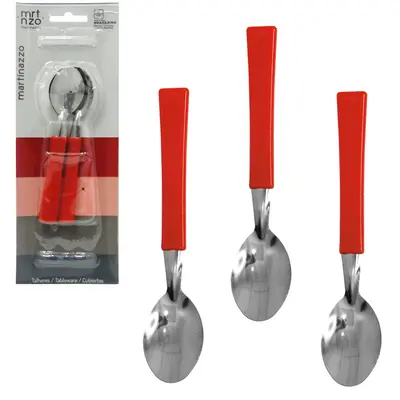 COLHER DE CHA DE INOX CABO PLASTICO VERMELHO UNA COM 3 PECAS 13,5CM