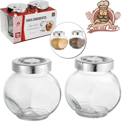 PORTA CONDIMENTO DE VIDRO BALEIRO 2 PECAS 180ML + TAMPA DE PLASTICO PRATA BONS CHEFF