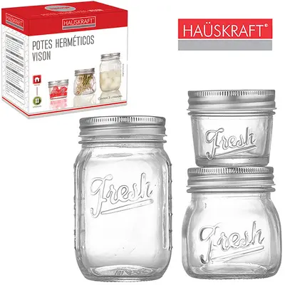 CONJUNTO DE POTE DE VIDRO REDONDO COM TAMPA HERMETICA DE INOX VISION HAUSKRAFT 3 PECAS