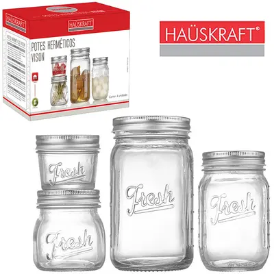 CONJUNTO DE POTE DE VIDRO REDONDO COM TAMPA HERMETICA DE INOX VISION HAUSKRAFT 4 PECAS