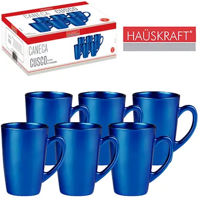 JOGO DE CANECA XICARA DE VIDRO PARA CAFE / CAPPUCCINO CUSCO AZUL HAUSKRAFT COM 6 PECAS 200ML