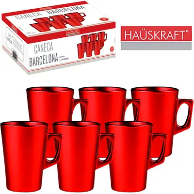 JOGO DE CANECA XICARA DE VIDRO PARA CAFE / CAPPUCCINO BARCELONA VERMELHO HAUSKRAFT COM 6 PECAS 140ML