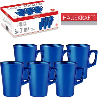 JOGO DE CANECA XICARA DE VIDRO PARA CAFE / CAPPUCCINO BARCELONA AZUL HAUSKRAFT COM 6 PECAS 140ML