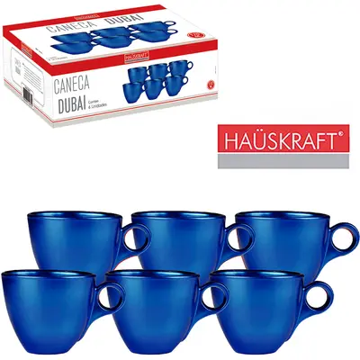 JOGO DE CANECA XICARA DE VIDRO PARA CHA DUBAI AZUL HAUSKRAFT COM 6 PECAS 170ML