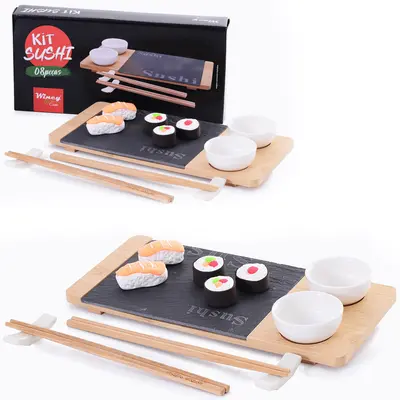 CONJUNTO PARA SUSHI COM 2 PARES DE HASHI / PALITO + TABUA E ACESSORIOS 8 PECAS NA CAIXA