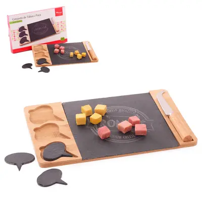 CONJUNTO PARA QUEIJO E FRIOS COM FACA DE INOX + TABUA RETANGULAR BAMBU 4 PLACAS ARDOSIA 32,5X20CM