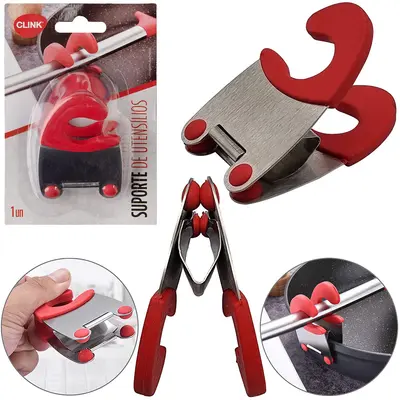 SUPORTE DE UTENSILIOS DE INOX CABO PLASTICO PARA BORDA PANELA COM CLIP 7,5X5X4,5CM NA CARTELA