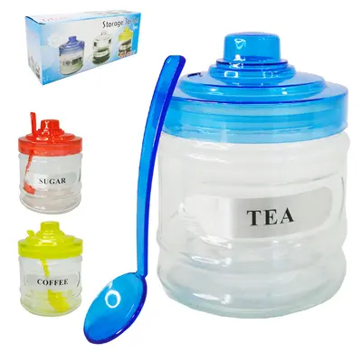 CONJUNTO DE POTE DE VIDRO REDONDO COFFEE / SUGAR / TEA COM TAMPA + COLHER DE ACRILICO 3 PECAS 400ML