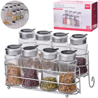 PORTA CONDIMENTO DE VIDRO COM 8 PECAS 100ML + SUPORTE ARAMADO MAYA