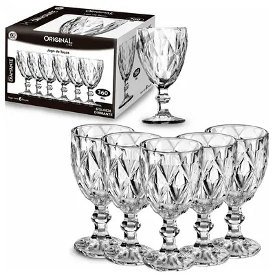 JOGO DE TACA DE VIDRO PARA AGUA / VINHO DIAMANTE COM 6 PECAS 360ML