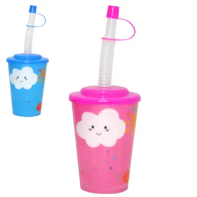 COPO COM TAMPA E CANUDO DE PLASTICO ESTAMPAS SORTIDAS 220ML