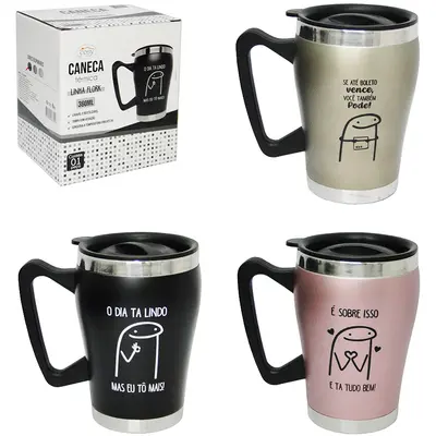CANECA TERMICA DE INOX COM PAREDE DUPLA + TAMPA DE PLASTICO LINHA FLORK 360ML