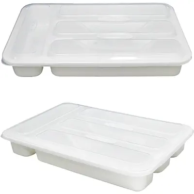PORTA TALHER DE GAVETA DE PLASTICO BRANCO COM 4 DIVISORIAS + TAMPA 32,5X21X5CM