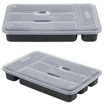 PORTA TALHER DE GAVETA DE PLASTICO PRETO COM 4 DIVISORIAS + TAMPA 32,5X21X5CM