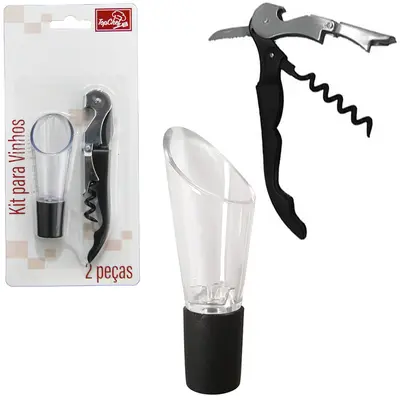 KIT PARA VINHO COM SACA ROLHA DE INOX + BICO DOSADOR AERADOR DE ACRILICO