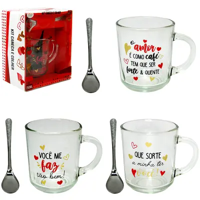 CANECA XICARA DE VIDRO FRASES 250ML + COLHER NA CAIXA
