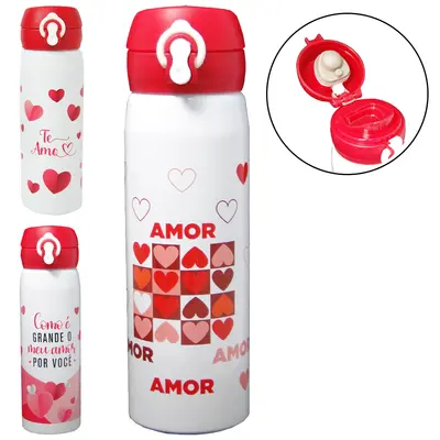 GARRAFA SQUEEZE DE ALUMINIO CORACAO COM BOTAO + TRAVA 550ML