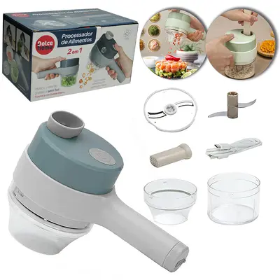 PROCESSADOR DE ALIMENTOS COM CORTADOR FATIADOR RECARREGAVEL 2 EM 1 COM 3 LAMINAS DE INOX E CABO USB