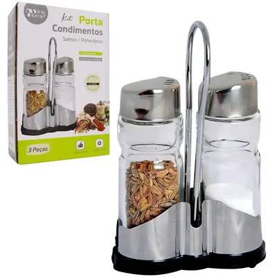 PORTA CONDIMENTO DE VIDRO COM 2 PECAS 40ML + SUPORTE DE PLASTICO / INOX