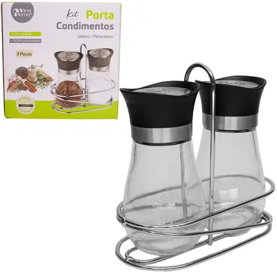 PORTA CONDIMENTO DE VIDRO COM 2 PECAS 140ML + SUPORTE ARAMADO