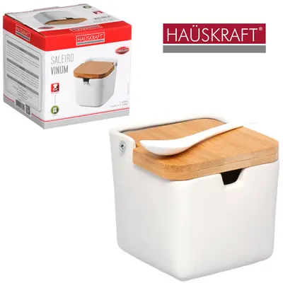 SALEIRO / PORTA CONDIMENTO DE PORCELANA COM COLHER + TAMPA DE BAMBU VINUM HAUSKRAFT 300ML