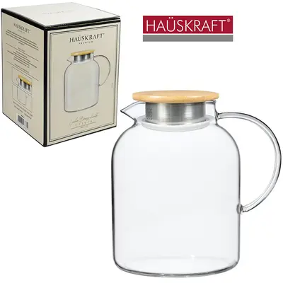 JARRA DE VIDRO COM TAMPA DE BAMBU / INOX LINHA BOROSSILICATO CLIVIA HAUSKRAFT PREMIUM 1,8L
