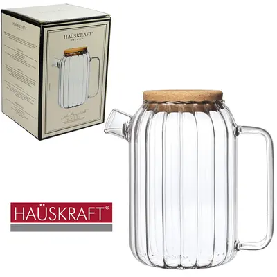 CHALEIRA DE VIDRO COM COADOR DE INOX NO BICO + TAMPA DE CORTICA LINHA BOROSSILICATO HAZEL HAUSKRAFT PREMIUM 1L