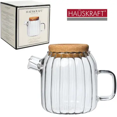 CHALEIRA DE VIDRO COM COADOR DE INOX NO BICO + TAMPA DE CORTICA LINHA BOROSSILICATO HAZEL HAUSKRAFT PREMIUM 650ML