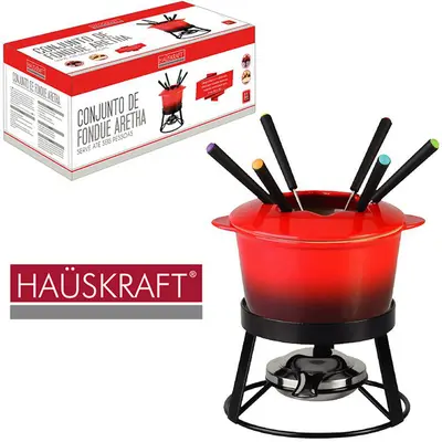 JOGO DE FONDUE DE PORCELANA ARETHA COM 6 GARFOS / PANELA / GARFOS / SUPORTE HAUSKRAFT 1L