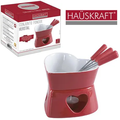 JOGO DE FONDUE DE PORCELANA HERSTAL COM 4 GARFOS / PANELA / SUPORTE / VELA HAUSKRAFT 320ML