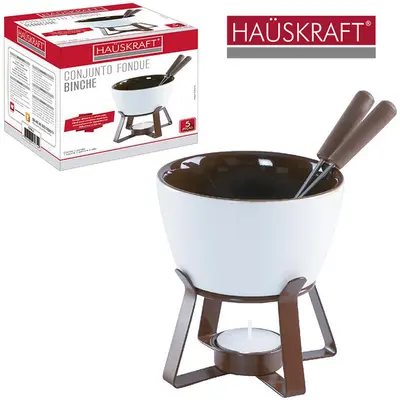 JOGO DE FONDUE DE PORCELANA BINCHE COM 2 GARFOS / PANELA / SUPORTE / VELA HAUSKRAFT 300ML