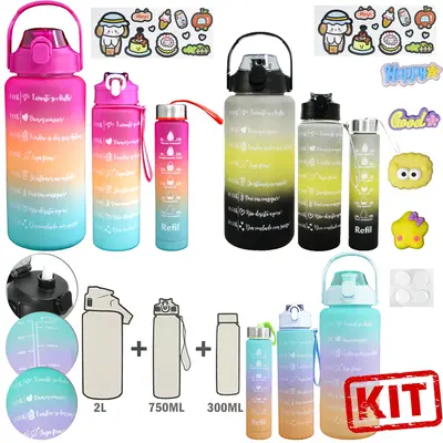 GARRAFA SQUEEZE DE PLASTICO AS MOTIVACIONAL COM CANUDO KIT COM 3 PECAS (2L+750ML+300ML)