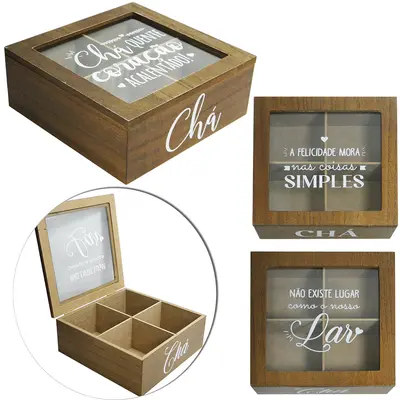 CAIXA ORGANIZADOR DE MADEIRA MDF PARA CHA COM 4 DIVISORIAS 18CM