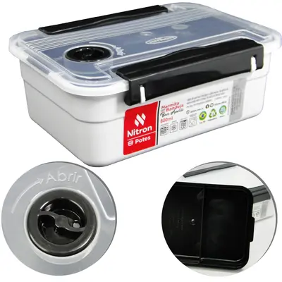 MARMITA DE PLASTICO RETANGULAR COM BANDEJA + TRAVA LATERAL E VALVULA PRETO 800ML