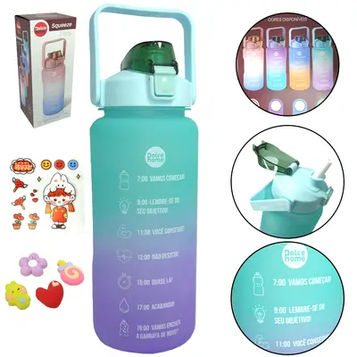 GARRAFA SQUEEZE DE PLASTICO AS EMBORRACHADO MOTIVACIONAL COM CANUDO + ADESIVO 2L