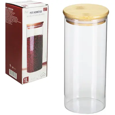 POTE DE VIDRO BOROSSILICATO LISO REDONDO COM TAMPA HERMETICA DE MADEIRA / BAMBU 1L