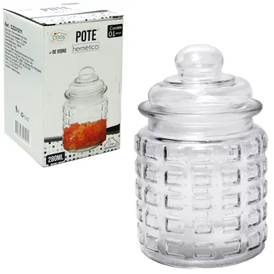 POTE DE VIDRO REDONDO RETO COM TAMPA HERMETICA DE VIDRO 280ML