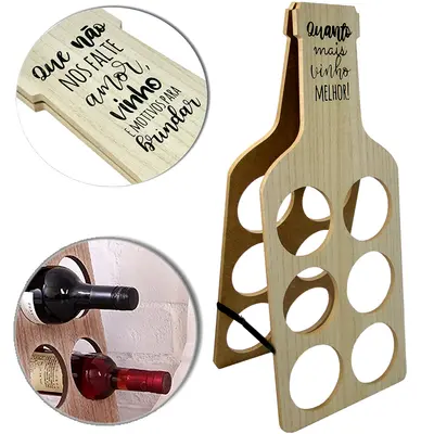 PORTA VINHO DE MADEIRA MDF DECORATIVO FRASES PARA 6 GARRAFAS 51X21CM