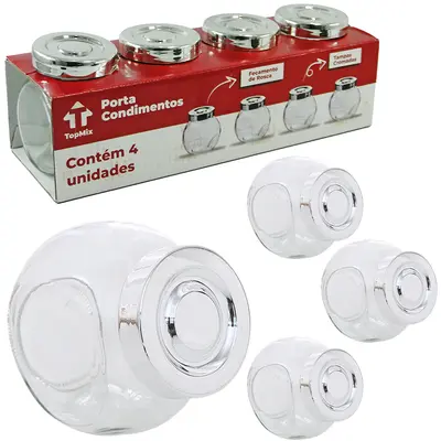 PORTA CONDIMENTO DE VIDRO BALEIRO COM TAMPA DE PLASTICO METALIZADO PRATA COM 4 PECAS 180ML