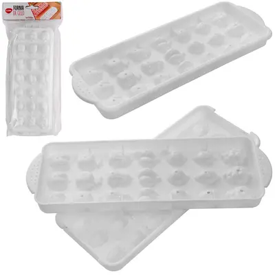 FORMA DE GELO COM 21 CAVIDADES FRUTAS DE PLASTICO COM TAMPA 25,5X9,8X3CM NA SOLAPA