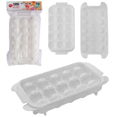 FORMA DE GELO COM 15 CAVIDADES DE PLASTICO COM TAMPA 23X11,3X3,8CM NA SOLAPA