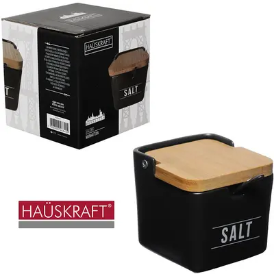 SALEIRO DE PORCELANA COM COLHER + TAMPA DE BAMBU SALT MANHATTAN HAUSKRAFT 270ML