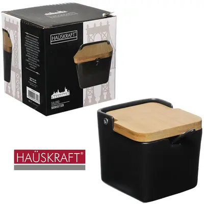 SALEIRO / PORTA CONDIMENTO PORCELANA COM COLHER + TAMPA BAMBU MANHATTAN HAUSKRAFT 270ML