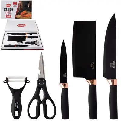 CONJUNTO DE FACA DE COZINHA DE INOX COM CORTADOR / DESCASCADOR + TESOURA E CUTELO CABO EMBORRACHADO CHEFF 5 PECAS